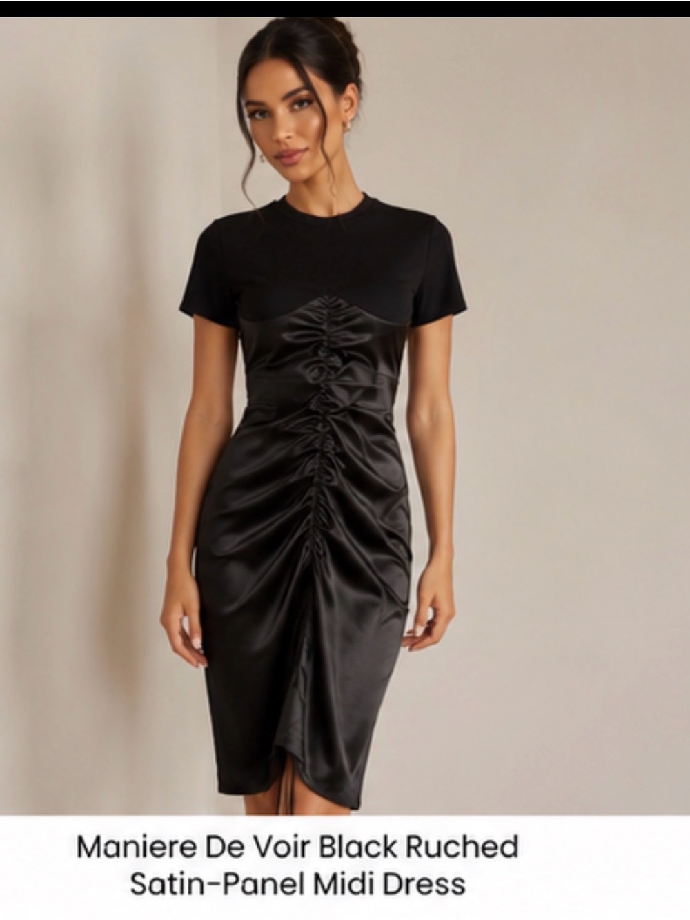 Maniere De Voir Black Ruched Satin-Panel Midi Dress